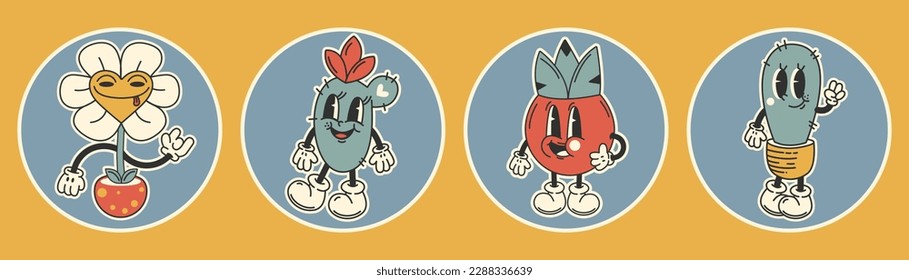 Pequeños stickers de planta para el estilo y2k.Pequeña caricatura de colección flores de estilo 60,70 años, cactus.Vector para impresión, iconos,post