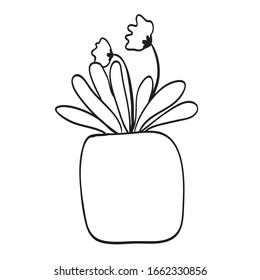 süße pflanzliche Vektorillustration, kleine Pflanze im Topf.  handgezeichnete Pflanzengrafik auf Topf. Schwarz-Weiß-Illustration für das Farbbuch.
