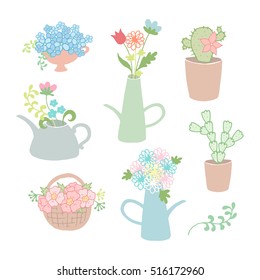 Cute plants, cactus and flowers in different pots. Vector illustration. Pastel colors
