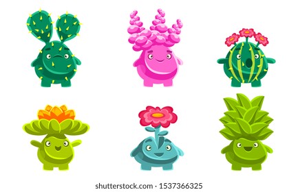 Cute Plants Characters Set, Friendly Fantasy Succulents and Cactuses with Various Emotions, Mobile or Computer Game User Interface Assets Vector Illustration