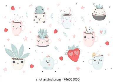 Cute plants, cups and strawberry isolated illustration for children. Vector image. Perfect for nursery posters, patterns, party invitation, cards, tags etc