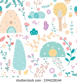 Cute plants flat vector color seamless pattern