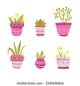 Cute plants in flower pots set. Hand drawn flowers element for print, textile, postcard, stickers, site design or other design project. Vector illustration.