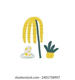 Cute plants postcard with funny hand drawn doodle dino egg, flower, leaf, palm tree. Jurassic era cover, template, banner, poster, print. Extinct plants background for kids