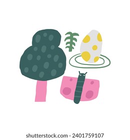 Cute plants postcard with funny hand drawn doodle butterfly, flower, leaf, tree, dino egg. Jurassic era cover, template, banner, poster, print. Extinct plants background for kids