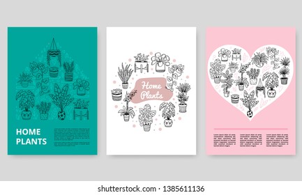 Cute plants in pots on postcards. Hand-drawn monochrome vector illustration. Natural design elements can be used for banners, logos, websites or ads.