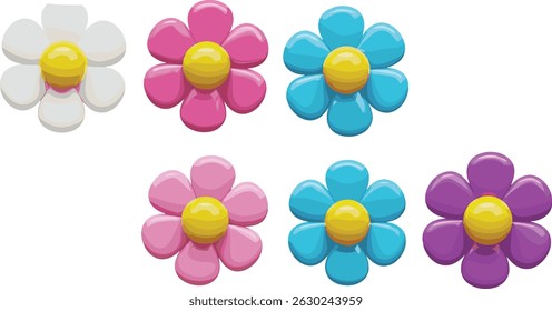 Cute plastic 3d flowers top view with colorful pastel petals. Render illustration set of spring or summer abstract plasticine bubble bloom
