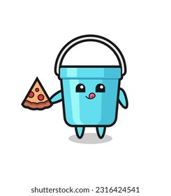 cute plastic bucket cartoon eating pizza , cute style design for t shirt, sticker, logo element