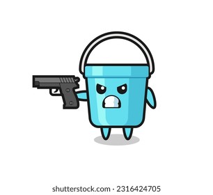 the cute plastic bucket character shoot with a gun , cute style design for t shirt, sticker, logo element
