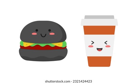 Cute plastic coffee cup and black burger in Kawaii style. Vector illustration in flat style. Isolated on white background.