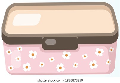 Cute plastic container for food isolated on white background. Lunch box for storing dishes and keeping temperature. Reusable container with lid. Lunch box with floral print vector illustration