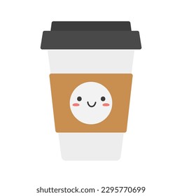 Cute plastic takeaway Kawaii coffee cup. Vector illustration in flat style. Isolated on white background.