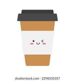 Cute plastic takeaway Kawaii coffee cup. Vector illustration in flat style. Isolated on white background.