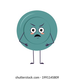 Cute plate character with angry emotions, face, arms and legs. The funny or grumpy dish with eyes for a cafe. Vector flat illustration