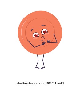 Cute plate character falls in love with eyes hearts, kiss face, arms and legs. The funny or smile emotions dish with eyes for a cafe. Vector flat illustration