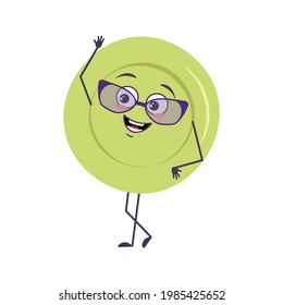 Cute plate character with glasses and joyful emotions, smile face, happy eyes, arms and legs. A mischievous dish for a cafe. Vector flat illustration