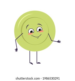 Cute plate character with joy emotions, smile face, happy eyes, arms and legs. A mischievous dishes for a cafe. Vector flat illustration