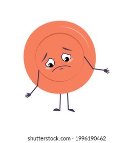 Cute plate character with sad emotions, downcast eyes, depressing face, arms and legs. The melancholy dish with eyes for a cafe. Vector flat illustration