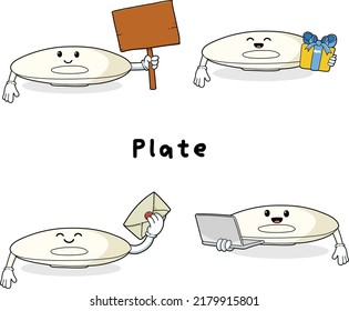 Cute plate with faces cartoon mascot hand drawn set isolated on white background