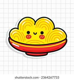 Cute Plate de Spaghetti sticker. Caricatura dibujada a mano del vector icono de ilustración del personaje kawaii. Contexto del personaje de sticker Happy Plate of Spaghetti