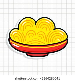 Cute Plate de Spaghetti sticker. Caricatura dibujada a mano del vector icono de ilustración del personaje kawaii. Contexto del personaje de sticker Happy Plate of Spaghetti