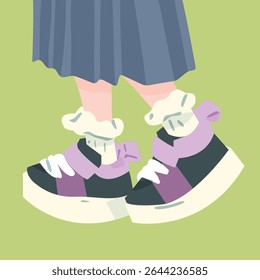 Tênis de plataforma bonito com meias de Ruffle. Pernas de desenhos animados em tênis de plataforma escura com sotaques pastel e meias babados com arcos. Estilo plano, cores suaves, fundo verde.







