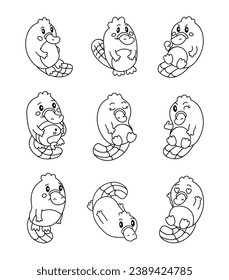 Cute platypus character. Coloring Page. Kawaii waterfowl mammal different poses and emotions, love, joy, sadness, anger. Vector drawing. Collection of design elements.