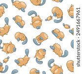 Cute platypus character. Seamless pattern. Kawaii animal in different poses. Vector drawing. Design ornaments.