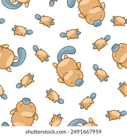 Cute platypus character. Seamless pattern. Kawaii animal in different poses. Vector drawing. Design ornaments.