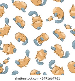 Cute platypus character. Seamless pattern. Kawaii animal in different poses. Vector drawing. Design ornaments.