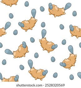 Lindo personaje ornitorrinco. Patrón sin fisuras. Animal kawaii en diferentes poses. Dibujo de Vector. Diseña adornos.