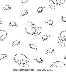 Cute platypus character. Seamless pattern. Coloring Page. Kawaii animal in different poses. Vector drawing. Design ornaments.