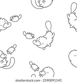 Cute platypus character. Seamless pattern. Coloring Page. Kawaii animal in different poses. Vector drawing. Design ornaments.