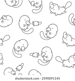 Cute platypus character. Seamless pattern. Coloring Page. Kawaii animal in different poses. Vector drawing. Design ornaments.