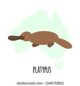 Cute platypus character with silhouette of Australian map isolated on white background. Vector illustration of Australian animal, wild life and fauna.
