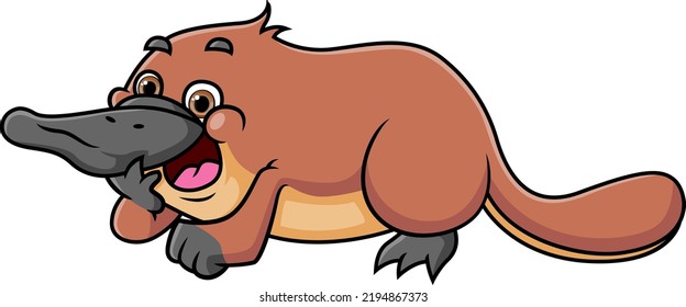 The cute platypus is crawling and stepping on the mud of illustration