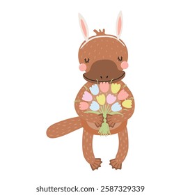 Cute platypus with Easter bunny ears, holding tulip flowers character illustration. Hand drawn flat style design, isolated vector. Holiday clip art, kids print element, seasonal card, banner, poster