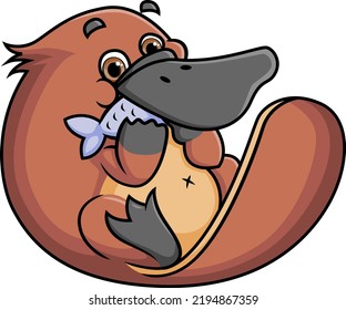 El tierno platypus está comiendo un pez mientras se sienta a la ilustración