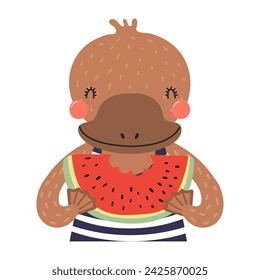 Lindo ornitorrinco comiendo sandía ilustración de personaje de dibujos animados. Diseño plano de estilo escandinavo dibujado a mano, vector aislado. Elemento de la impresión del verano de los niños, animal en vacaciones, vacaciones, playa