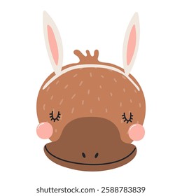 Cute platypus face with Easter bunny ears character illustration. Hand drawn flat style design, isolated vector. Holiday clip art, seasonal card, banner, poster, kids print element