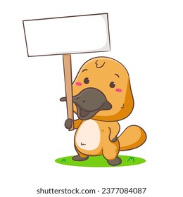 Cute Platypus holding empty board cartoon character. Kawaii Adorable animal concept design. Isolated white background. Vector art illustration