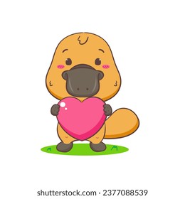 Cute Platypus holding love cartoon character. Kawaii Adorable animal concept design. Isolated white background. Vector art illustration