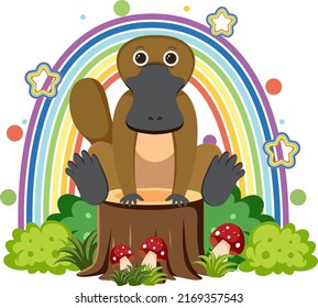 Cute platypus on stump in flat cartoon style illustration