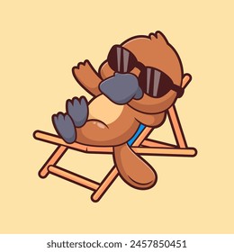 Cute Platypus Relaxation On Beach Bench Cartoon Vector Icon Illustration. Animal Holiday Icon Concept Isolated Premium Vector. Flat Cartoon Style