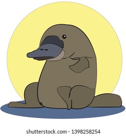 Cute Platypus sitting with the sun in the background. Drawing. Vector