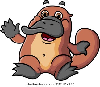 The cute platypus is sitting and waving the hand of illustration