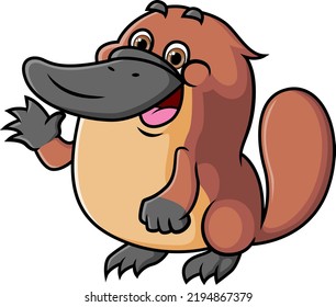 The cute platypus is waving the hand and giving the happy smile of illustration