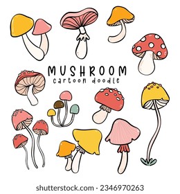 Cute playful autumn mushroom in vibrant colors Doodle Illustration. Whimsical Fall Hand Drawing Art for stickers, greeting cards templates.