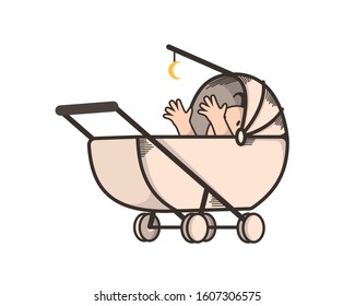 Cute and Playful Baby on Stroller Illustration