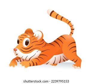 Cute playful baby tiger cartoon animal illustration for children. Little curious crawling sneaky tiger playing, zoo and educational clip art for kids. Vector graphics.